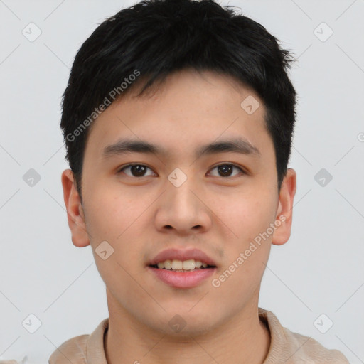 Neutral asian young-adult male with short  black hair and brown eyes