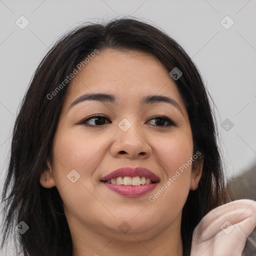 Joyful latino young-adult female with medium  brown hair and brown eyes