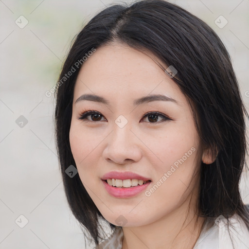 Joyful white young-adult female with medium  black hair and brown eyes