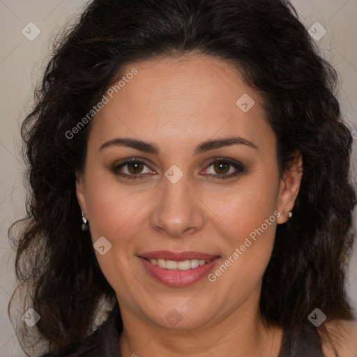 Joyful white adult female with long  brown hair and brown eyes