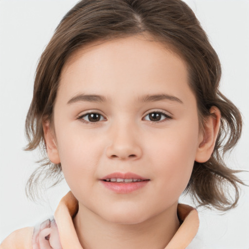 Joyful white child female with medium  brown hair and brown eyes