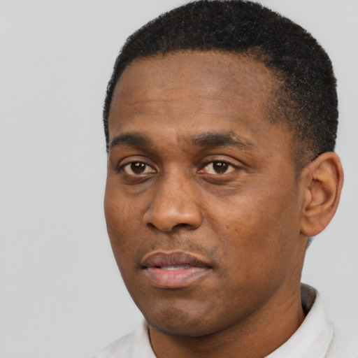 Neutral black young-adult male with short  black hair and brown eyes