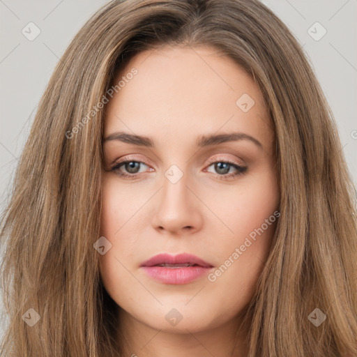 Neutral white young-adult female with long  brown hair and brown eyes