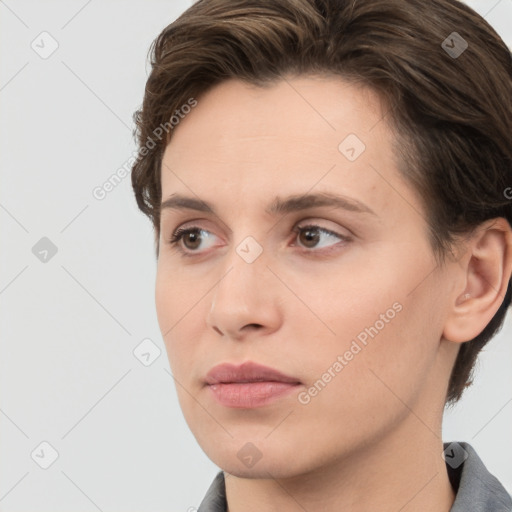 Neutral white young-adult female with short  brown hair and brown eyes