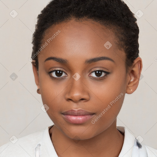 Joyful black young-adult female with short  brown hair and brown eyes