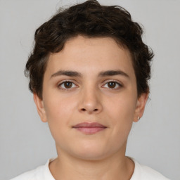 Neutral white young-adult female with short  brown hair and brown eyes