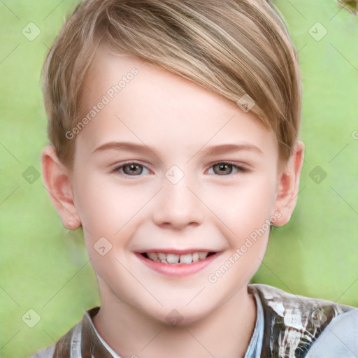 Joyful white child female with short  brown hair and brown eyes