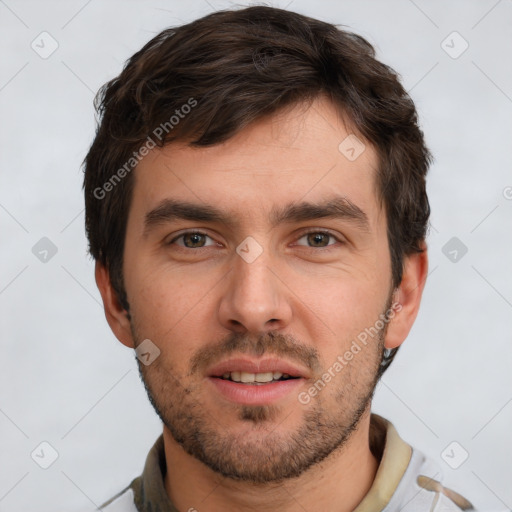 Neutral white young-adult male with short  brown hair and brown eyes