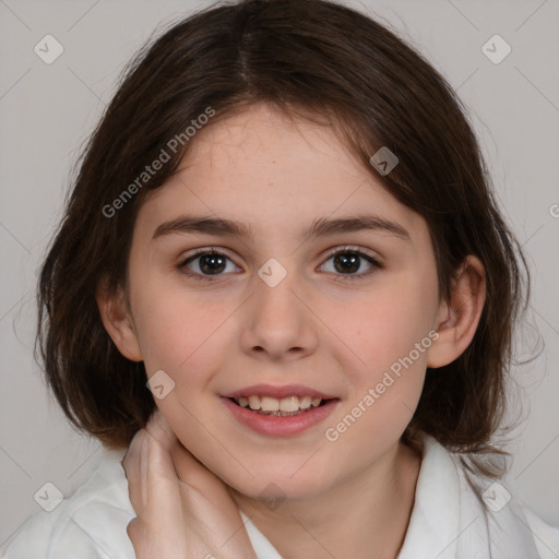 Joyful white child female with medium  brown hair and brown eyes