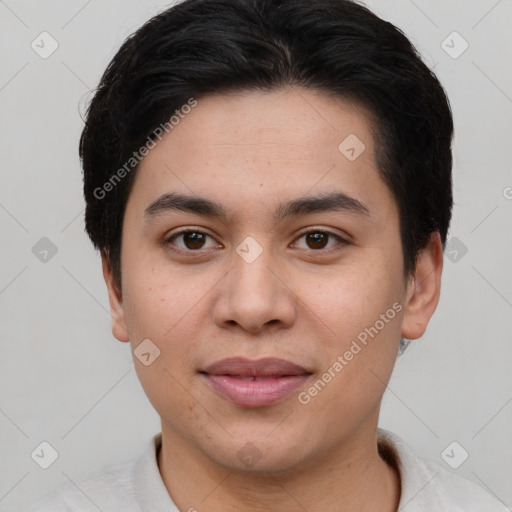 Joyful asian young-adult female with short  brown hair and brown eyes