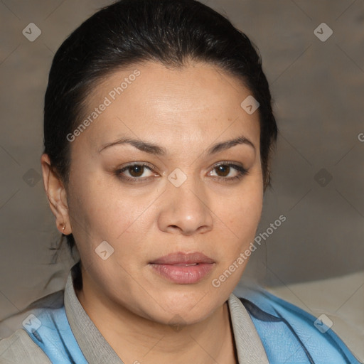 Joyful white adult female with medium  brown hair and brown eyes