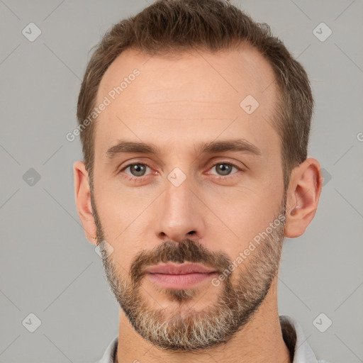 Neutral white young-adult male with short  brown hair and brown eyes