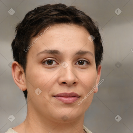 Joyful white young-adult female with short  brown hair and brown eyes