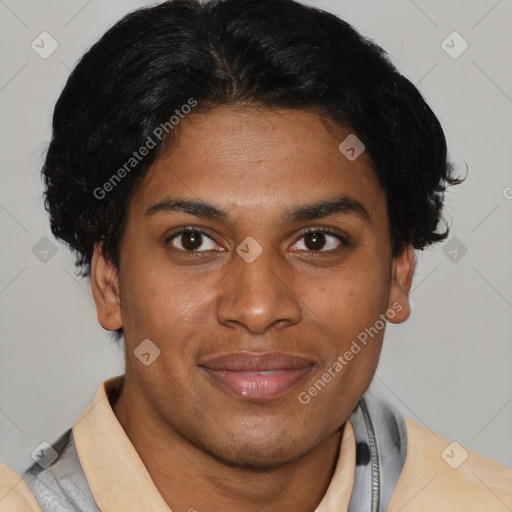 Joyful latino young-adult male with short  brown hair and brown eyes