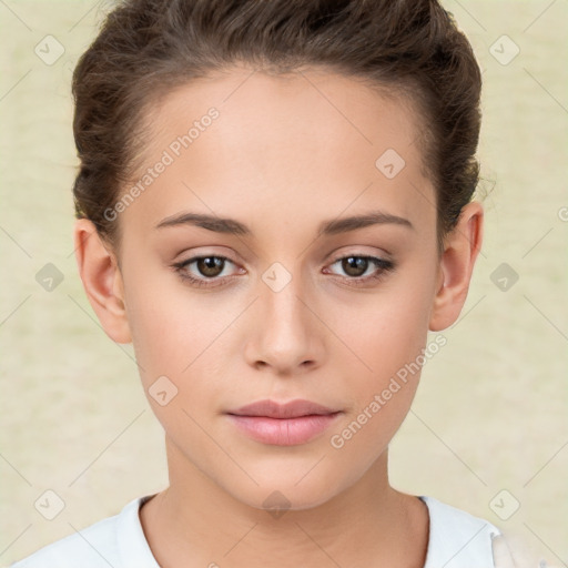 Neutral white young-adult female with short  brown hair and brown eyes