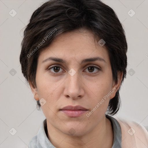 Neutral white young-adult female with medium  brown hair and brown eyes