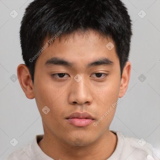 Neutral asian young-adult male with short  brown hair and brown eyes