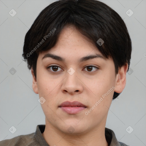 Neutral asian young-adult female with short  black hair and brown eyes