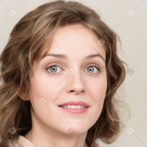 Joyful white young-adult female with medium  brown hair and blue eyes