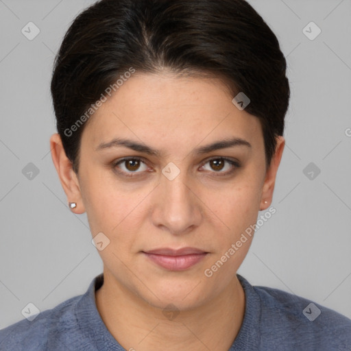 Joyful white young-adult female with short  brown hair and brown eyes