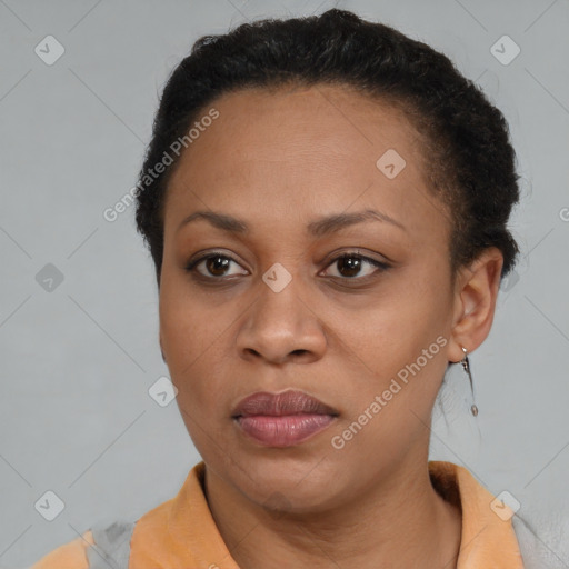 Joyful black adult female with short  brown hair and brown eyes
