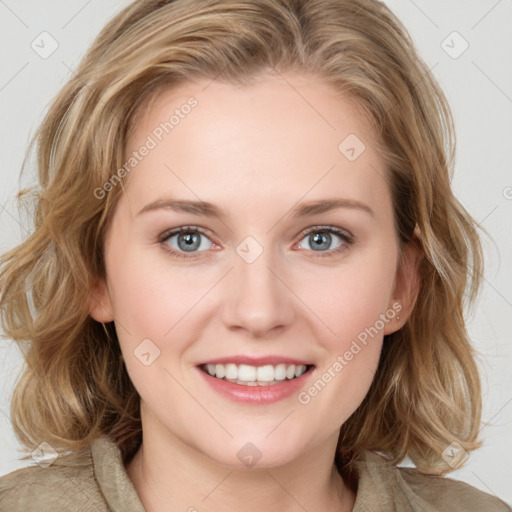 Joyful white young-adult female with medium  brown hair and blue eyes