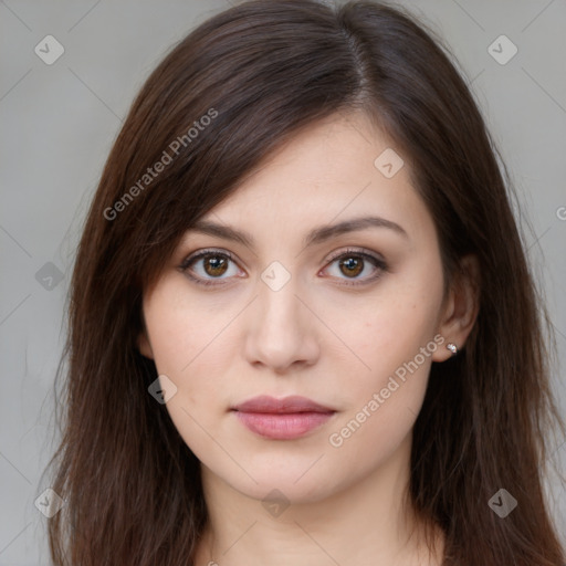 Neutral white young-adult female with long  brown hair and brown eyes