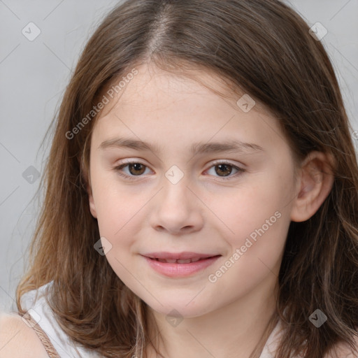 Joyful white child female with medium  brown hair and brown eyes