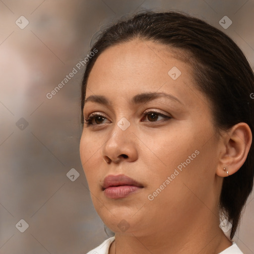 Neutral white young-adult female with medium  brown hair and brown eyes