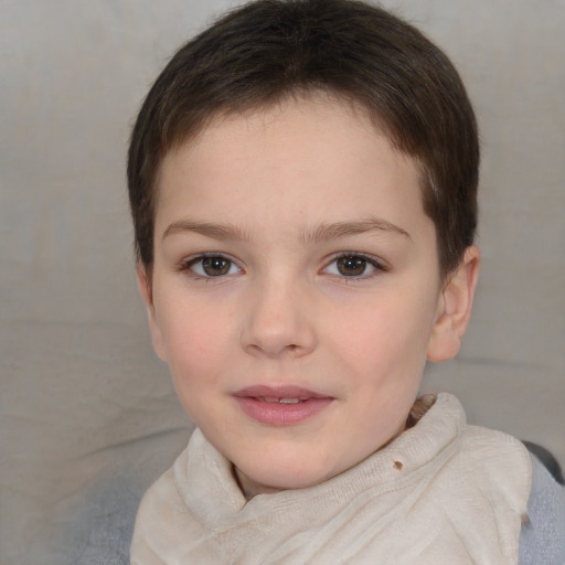 Joyful white child female with short  brown hair and brown eyes