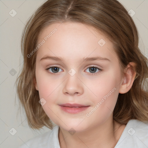 Joyful white child female with medium  brown hair and brown eyes