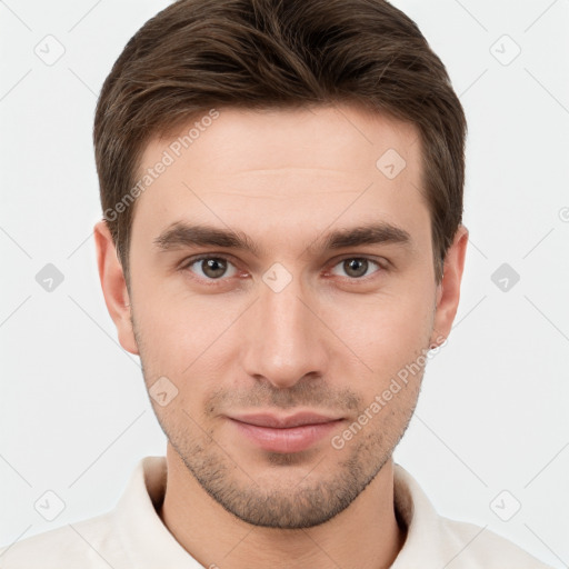 Neutral white young-adult male with short  brown hair and brown eyes