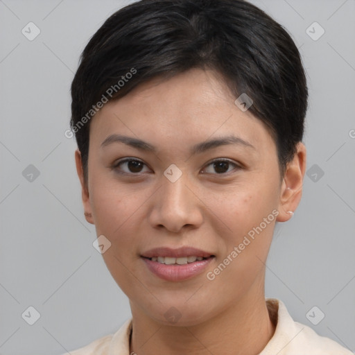 Joyful asian young-adult female with short  brown hair and brown eyes