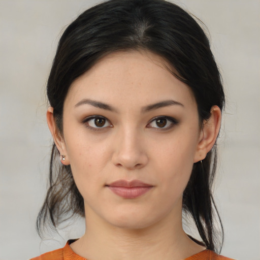 Neutral asian young-adult female with medium  brown hair and brown eyes