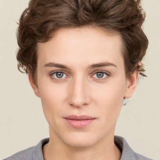 Neutral white young-adult female with short  brown hair and brown eyes