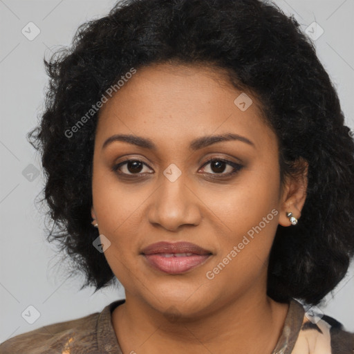 Joyful black young-adult female with medium  black hair and brown eyes