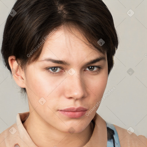 Neutral white young-adult female with medium  brown hair and brown eyes