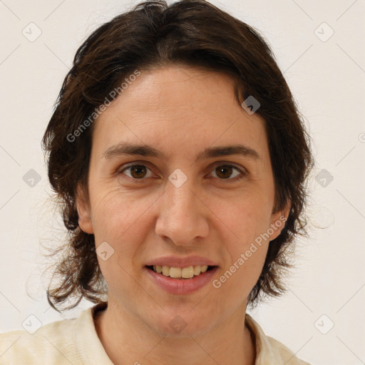 Joyful white young-adult female with medium  brown hair and brown eyes