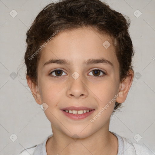 Joyful white child female with short  brown hair and brown eyes