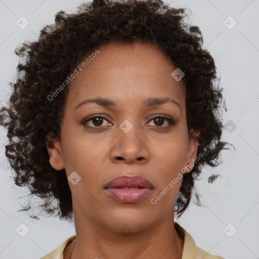 Neutral black young-adult female with medium  brown hair and brown eyes