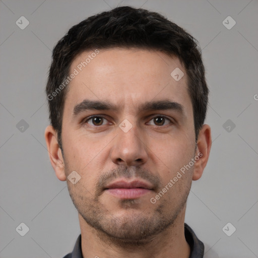 Neutral white young-adult male with short  brown hair and brown eyes