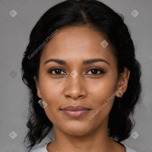 Joyful black young-adult female with medium  black hair and brown eyes