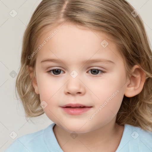 Joyful white child female with medium  brown hair and brown eyes