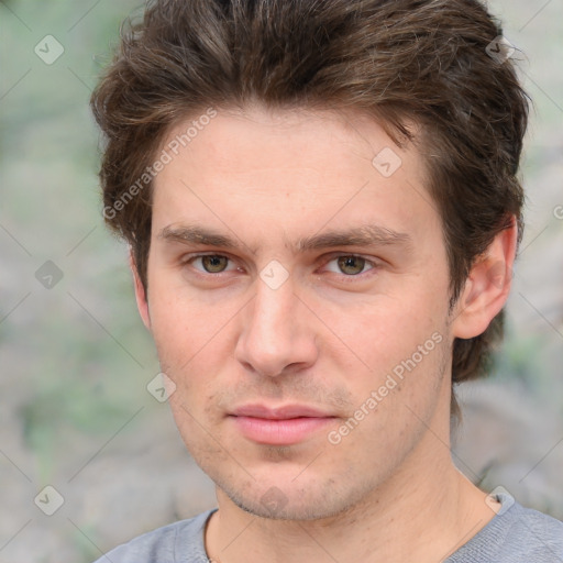 Neutral white young-adult male with short  brown hair and grey eyes