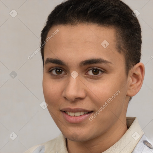 Joyful white young-adult male with short  brown hair and brown eyes