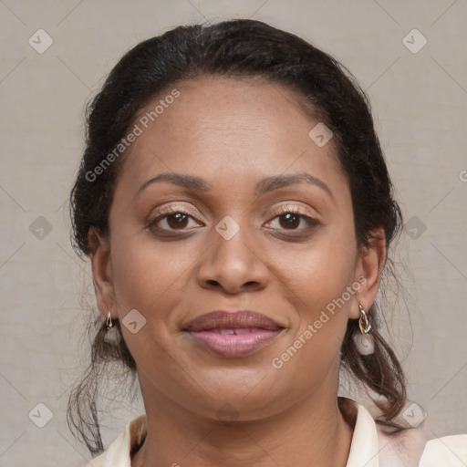 Joyful latino young-adult female with medium  brown hair and brown eyes
