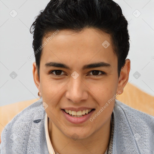 Joyful latino young-adult male with short  brown hair and brown eyes