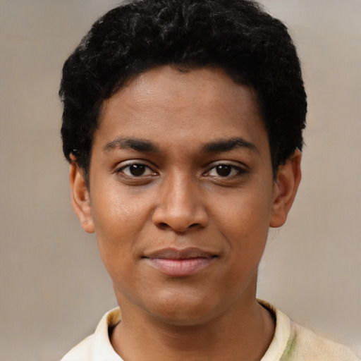 Neutral black young-adult female with short  black hair and brown eyes