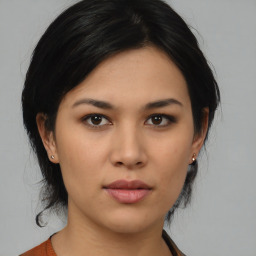 Neutral asian young-adult female with medium  black hair and brown eyes