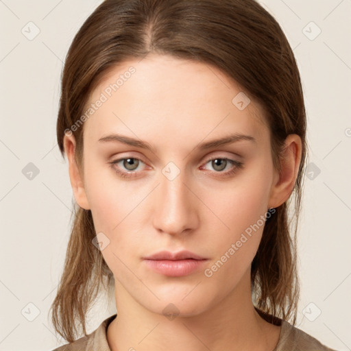 Neutral white young-adult female with medium  brown hair and grey eyes